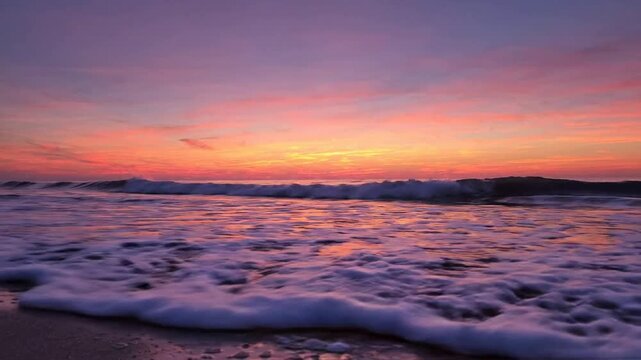 Serene ocean waves at sunset, vibrant pink and orange tropical beach horizon, relaxing coastal seascape background
