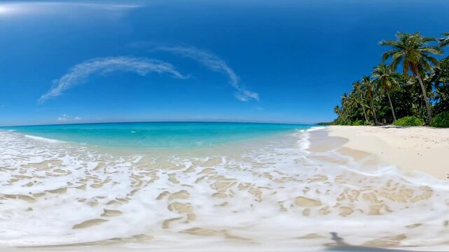 360 vr tropical beach paradise with turquoise ocean waves and palm trees on white sand shoreline virtual reality