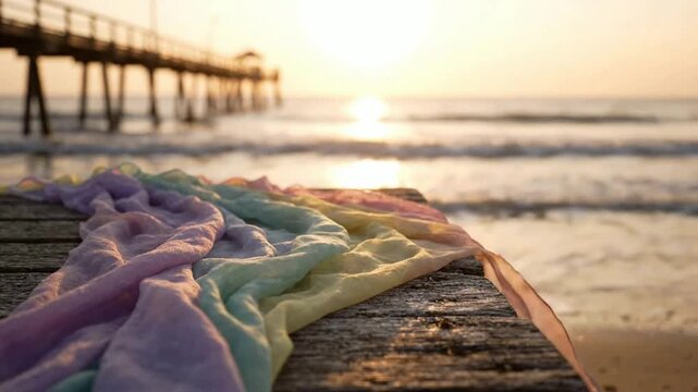 Pastel scarf blowing in wind on wooden pier at sunset, ocean waves and beach background, peaceful summer vacation atmosphere