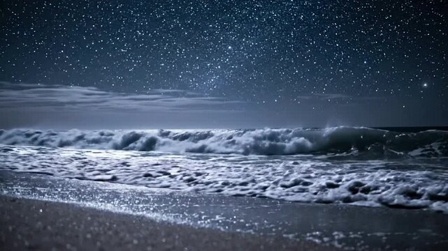 Night ocean waves crashing on sandy beach under starry milky way sky at midnight stars