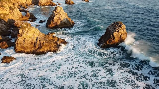 Aerial view of golden hour ocean waves crashing against rugged coastal sea stacks and rocky cliffs coastline