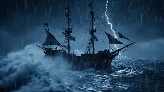 Antique galleon sailing through a storm with lightning strikes at sea tall ship ocean