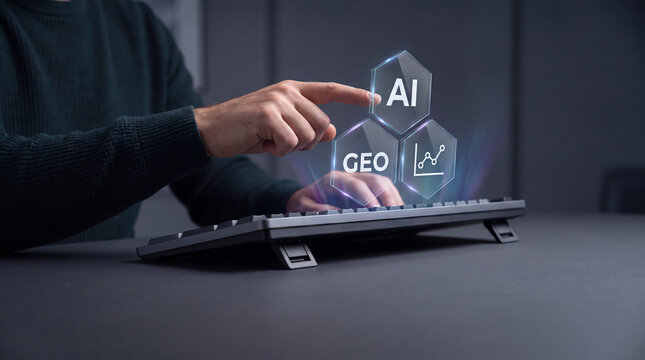 A professional points at glowing holographic AI and GEO hexagons above a keyboard, illustrating AI-powered Generative Engine Optimization