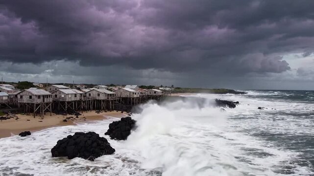 Coastal stilt houses under stormy skies: powerful ocean waves crashing against volcanic rocks on a tropical shoreline