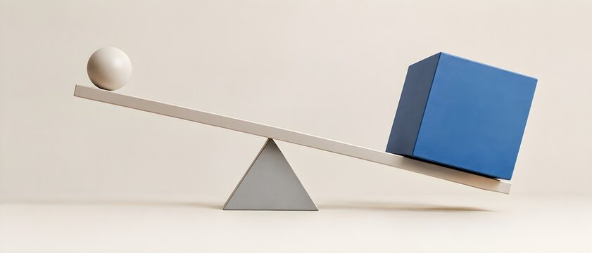 Abstract balance beam tilting toward a larger geometric object representing weighted inclination