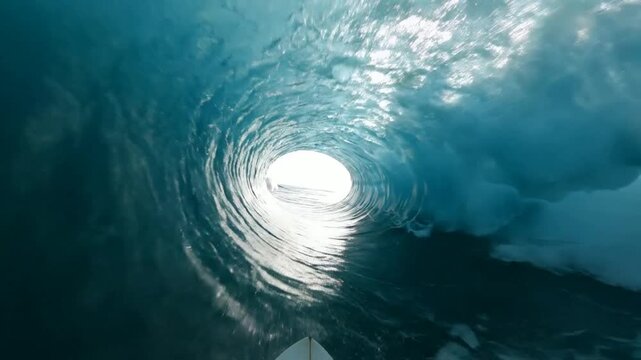 Pov surfing inside a massive blue ocean barrel wave: extreme water sports action and tropical summer adventure