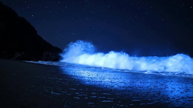 Bioluminescent waves crashing on dark beach at night, glowing blue sea tide under starry sky, magical ocean phenomenon