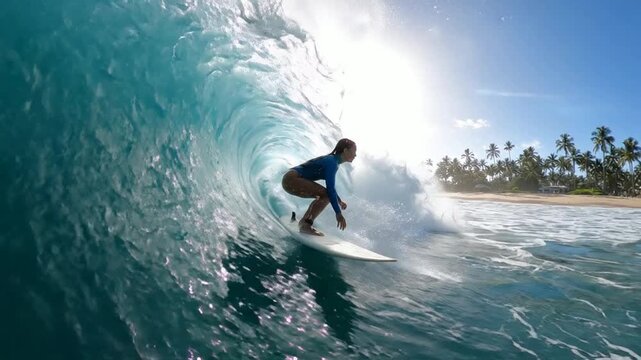 Surfer riding inside a massive tropical ocean barrel wave at sunset surfing