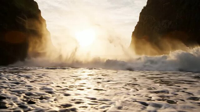 Dramatic ocean waves crashing on rocky pebble beach at sunset with golden lens flare
