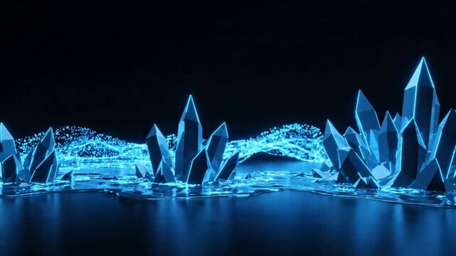 Abstract glowing blue crystal landscape with digital particle waves, futuristic sci-fi environment background
