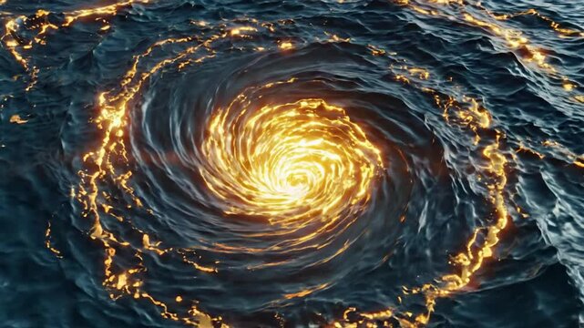 Golden glowing whirlpool in dark ocean water, abstract liquid vortex motion background, surreal energy swirl animation