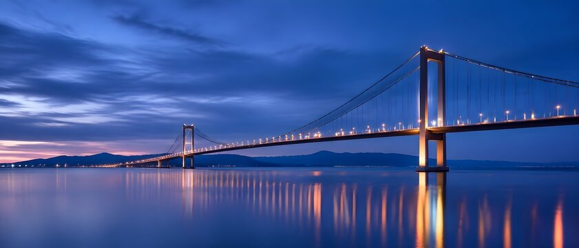 Suspension bridge during blue hour with cool indigo sky and smooth water