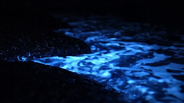 Bioluminescent waves crashing on dark rocks at night: glowing blue sea tide, magical ocean phenomenon, nature background