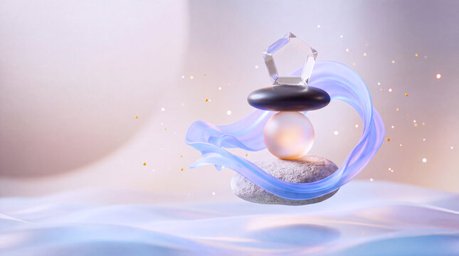 Abstract 3D zen balance with crystal, glowing pearl, meditation stones and flowing blue fabric