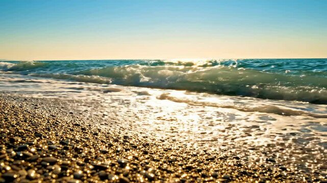 Golden hour ocean waves crashing on pebble beach shoreline at sunset