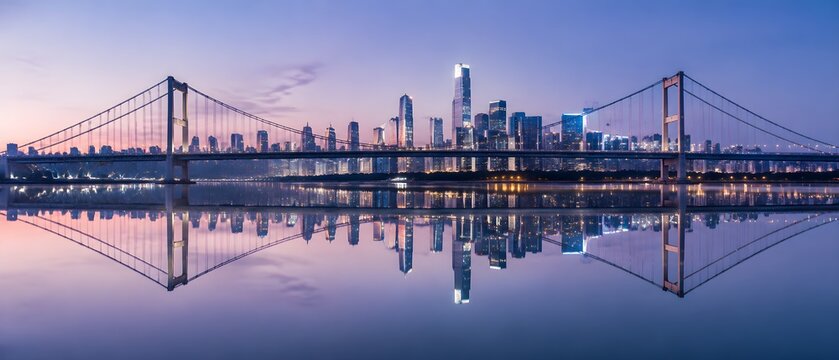 Suspension bridge and glass skyline mirrored in still river water with cool dawn tones and strong symmetry