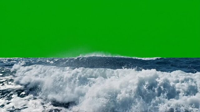 Ocean wave breaking with green screen background, for easy compositing, and vfx water