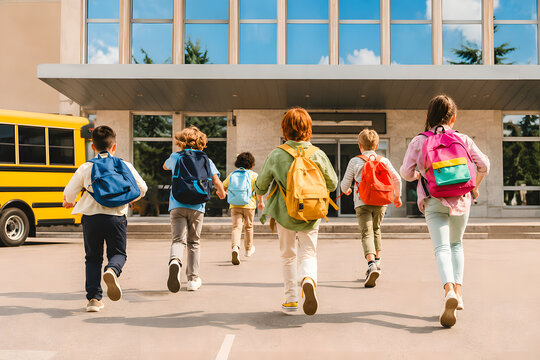 Schoolchildren Running Toward School Building for Classes