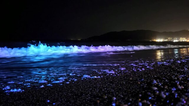 Bioluminescent waves crashing on dark beach at night: glowing blue sea tide and coastal nature phenomenon
