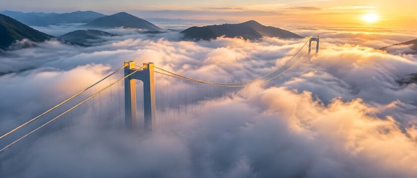 Suspension bridge towers rising above thick valley fog at first light