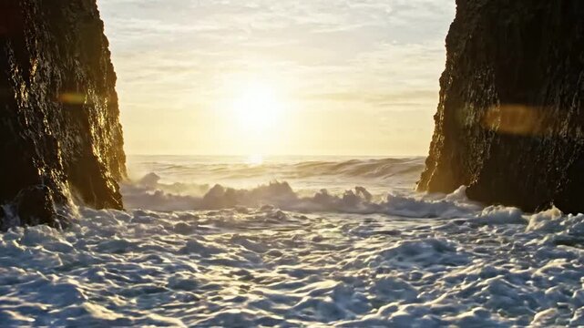 Golden sunset ocean waves crashing between coastal sea cliffs at dusk golden hour