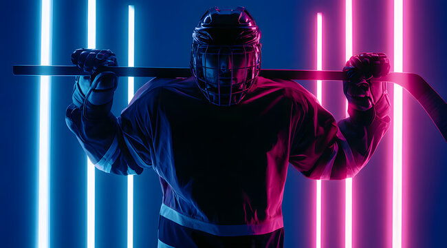 A player clad in protective gear holds a stick aloft by their shoulders beneath neon lights in blue and pink hues, capturing the essence of sports, action, competition, and team spirit &mdash; themes ideall