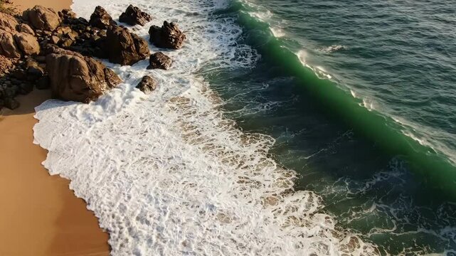 Aerial view of ocean waves crashing on rocky tropical beach shoreline at sunset drone