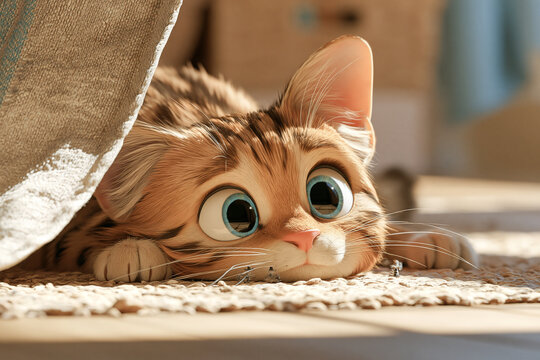 3D rendering of curious orange kitty peeking from beneath a blanket with oversized blue eyes indoors