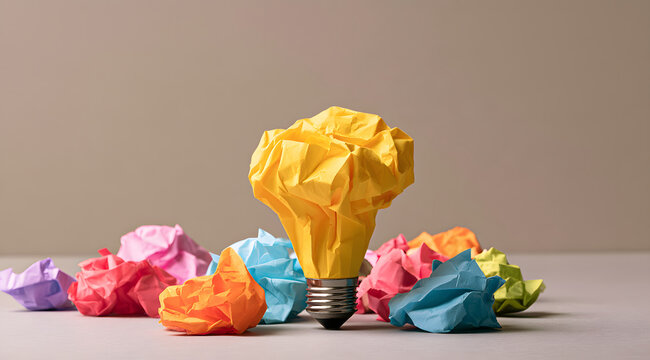 The concept of fail-fast prototyping is represented by a yellow paper lightbulb amidst colorful crumpled paper.