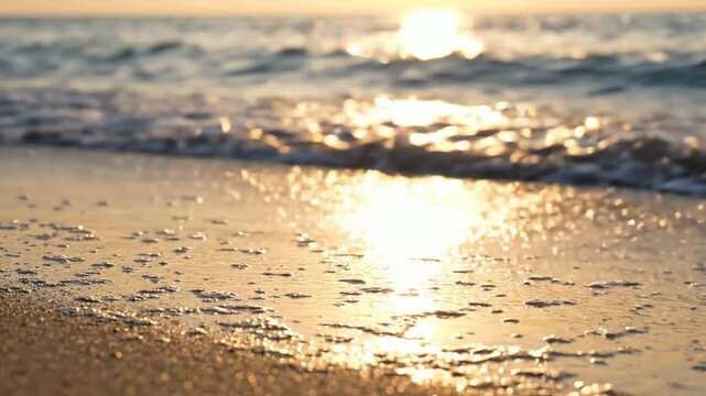 Golden hour ocean waves crashing on sandy beach at sunset, relaxing tropical seascape background