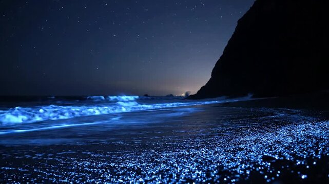 Bioluminescent waves crashing on dark beach at night with starry sky background, bioluminescence glowing