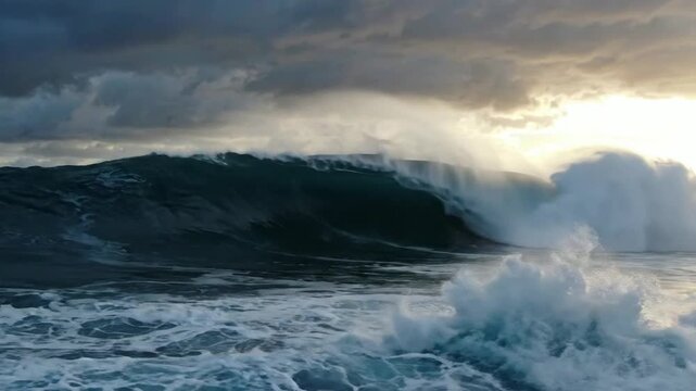 Powerful ocean wave crashing at sunset, dramatic stormy sea swell, tropical surfing break, nature background