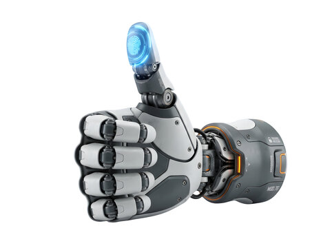 Futuristic robotic hand showing a thumbsup gesture isolated on transparent background