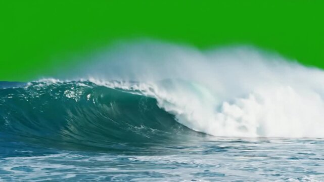 Powerful crashing ocean wave with green screen background, for easy compositing, and vfx crashing wave