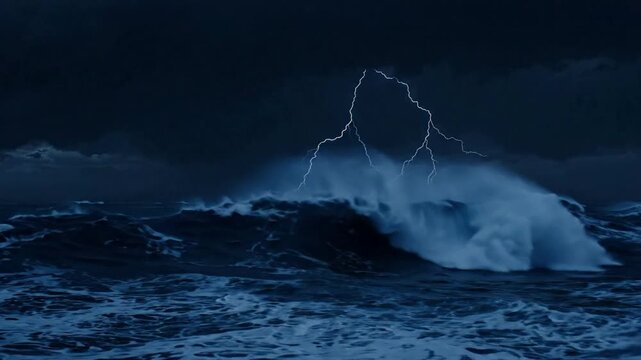Dramatic lightning strike over turbulent ocean waves during night storm thunder
