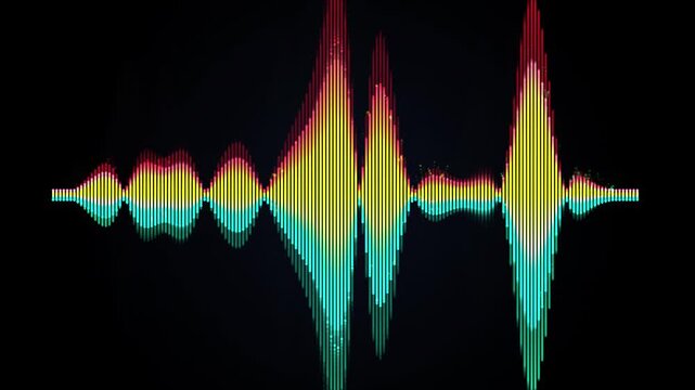Abstract sound wave visualization with digital colorful frequency bars moving on black backdrop.