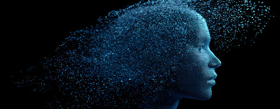 a blue digital human head with grid particles flying around on a black background, representing an AI concept and generative AI