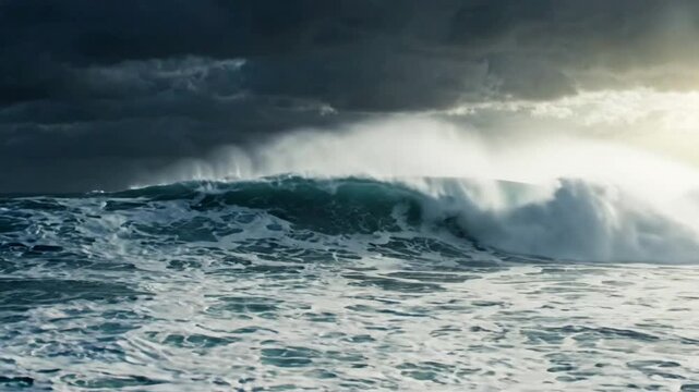 Powerful ocean wave crashing under dramatic stormy sky at sunset, cinematic sea surface motion and nature background