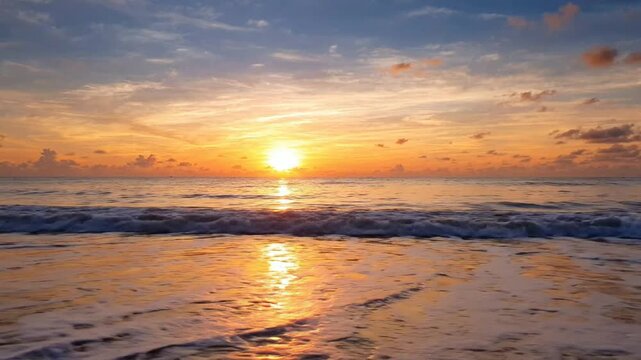 Golden sunset over tropical ocean waves, relaxing beach seascape at dusk, serene coastal horizon with soft sea foam