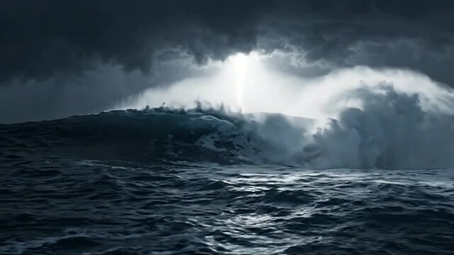Dramatic stormy ocean wave crashing under dark moody clouds with ethereal light beam