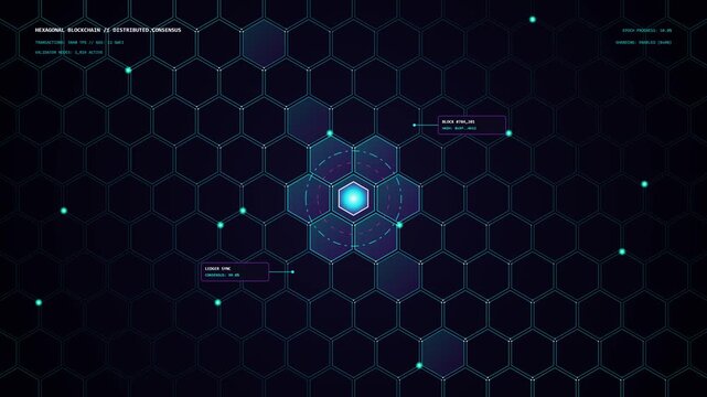 Futuristic Blockchain Data Network Visualization with Hexagonal Nodes