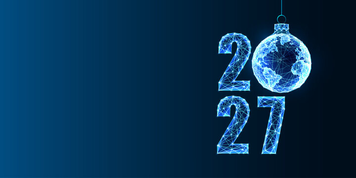 2027 New Year Celebration with Elegant Hanging Christmas Ornament and Glowing Typography Vector