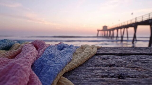 Colorful fabric textures on wooden pier at sunset with ocean view and blurred beach jetty background