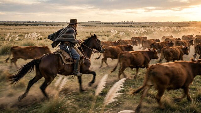 A skilled South American gaucho wearing a poncho and traditional hat rides a brown horse while herding a large group of cattle across a grassy pampas plain during a dusty golden sunset