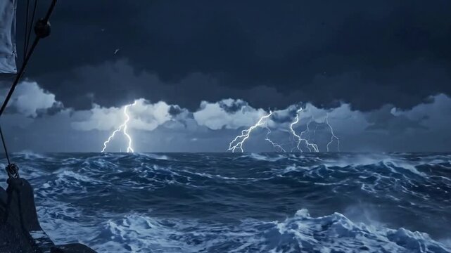 Dramatic storm at sea with lightning strikes and rough ocean waves from ship perspective