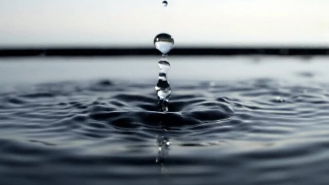 Slow motion water drop impact: macro splash and ripples on dark liquid surface