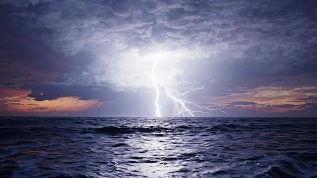 Dramatic lightning strike over dark ocean waves at sunset, powerful tropical storm weather background