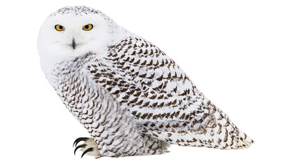 Isolated large snowy owl, elegant white arctic bird with captivating yellow eyes. © Niamh