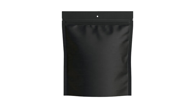 Isolated black blank matte stand-up pouch with reclosable zipper for food and coffee products