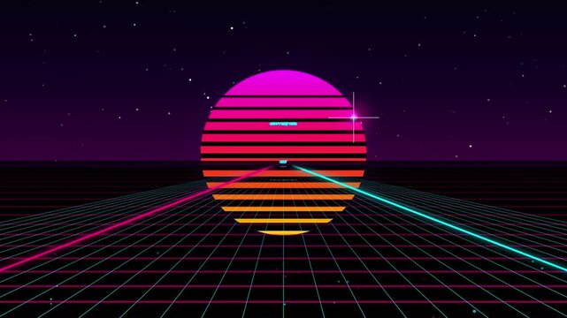 Retro futuristic synthwave grid road leading towards a glowing neon sunset in starry sky.